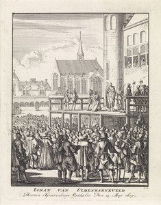 Johan van Oldenbarnevelt knielt op het schavot voor zijn onthoofding, 1619