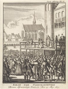 Johan van Oldenbarnevelt knielt op het schavot voor zijn onthoofding, 1619