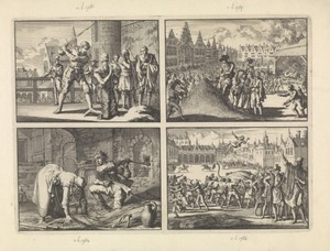 Johan van Oldenbarnevelt onthoofd, 1619 / Grote Markt te Frankfurt am Main tijdens de kroning van keizer Ferdinand II, 1619 / Man te Grosz-Gerau doodt zijn moeder met een bijl terwijl zij in de kelder een strobed maakt, 1616 / Boerenbruiloft door de vleeshouwers te Wenen voor keizer Matthias, 1613