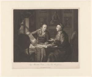 Johann Jakob Mettenleiter en Johann Elias Haid bekijken prenten aan tafel