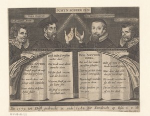 Johannes Calvijn met oude bijbel tegenover nieuwe gereformeerde predikant met nieuwe bijbel