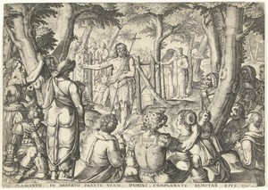 Johannes de Doper predikt voor een groep mensen