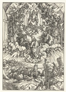 Johannes de Evangelist knielt voor Christus en het lam met de zeven hoorns en de zeven ogen