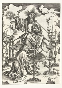 Johannes de Evangelist knielt voor Christus temidden van zeven kandelaars