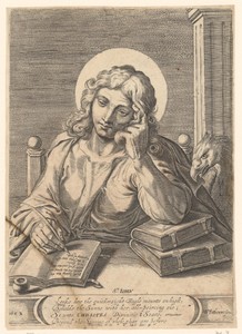 Johannes de Evangelist schrijvend aan een bureau