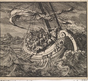 Jona in de storm uit het schip geworpen