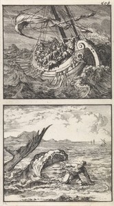 Jona in de storm uit het schip geworpen / Jona uitgespuwd door de walvis