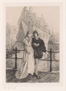 Jong koppel loopt arm in arm over een brug