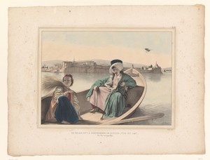 Jonge Griekse man en Turkse man in een roeiboot voor het paleis en het fort van Ioannina