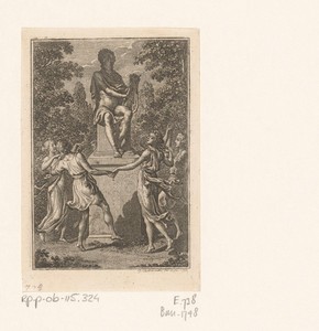 Jonge mannen en vrouwen dansen rond het standbeeld van Apollo