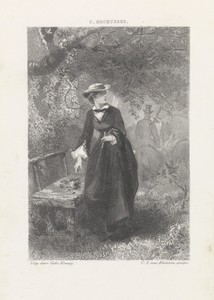 Jonge vrouw bij een bankje in het bos