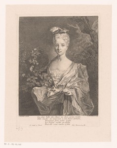 Jonge vrouw die haar rok ophoudt waarin bloemen, mogelijk Rosalba Carriera