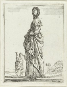 Jonge vrouw gekleed volgens de mode van ca. 1650, naar links