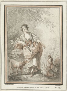 Jonge vrouw met hond en haan en hen