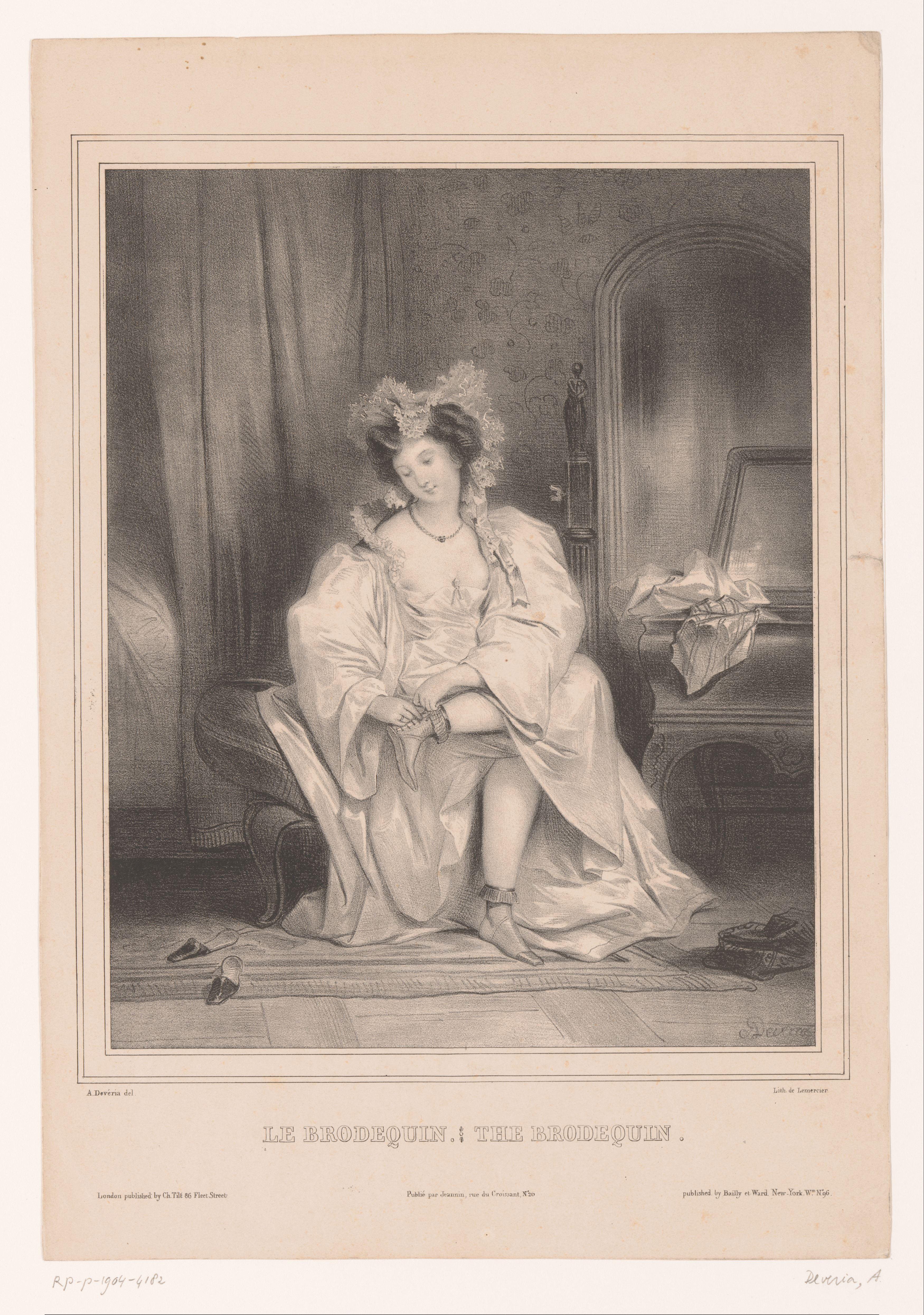Jonge vrouw trekt brodequin uit by Achille Devéria