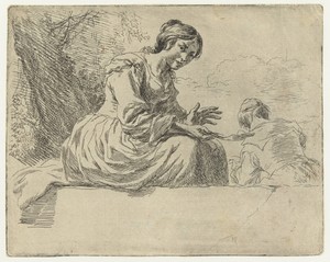 Jonge vrouw zittend op een steen