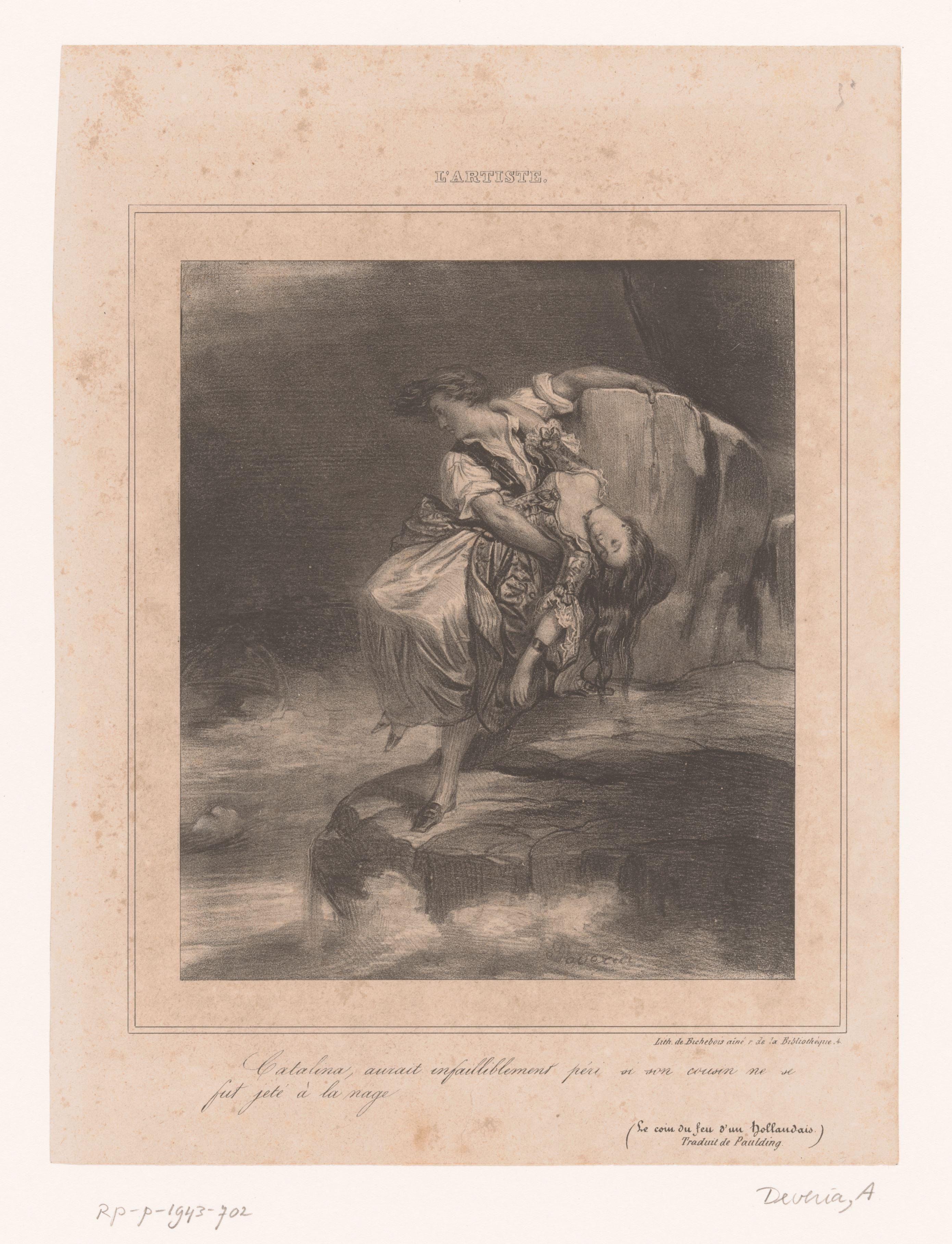 Jongeman redt zijn nicht Catalina van de verdrinkingsdood by Achille Devéria