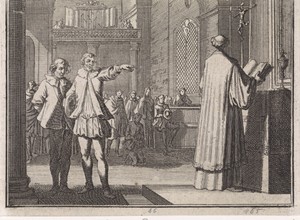 Jongeman wijst op een priester voor het altaar