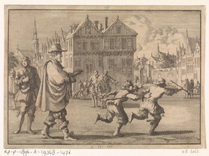 Jongen beledigt de burgemeester van Straatsburg door de stok van diens bediende weg te rukken, 1671