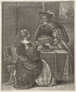 Jongen die een mand bloemen aanbiedt