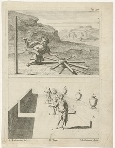 Jongen geknield bij de spaken van een wiel en een perspectiefstudie