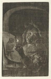 Jongen met een prent waarop een uil bij kaarslicht