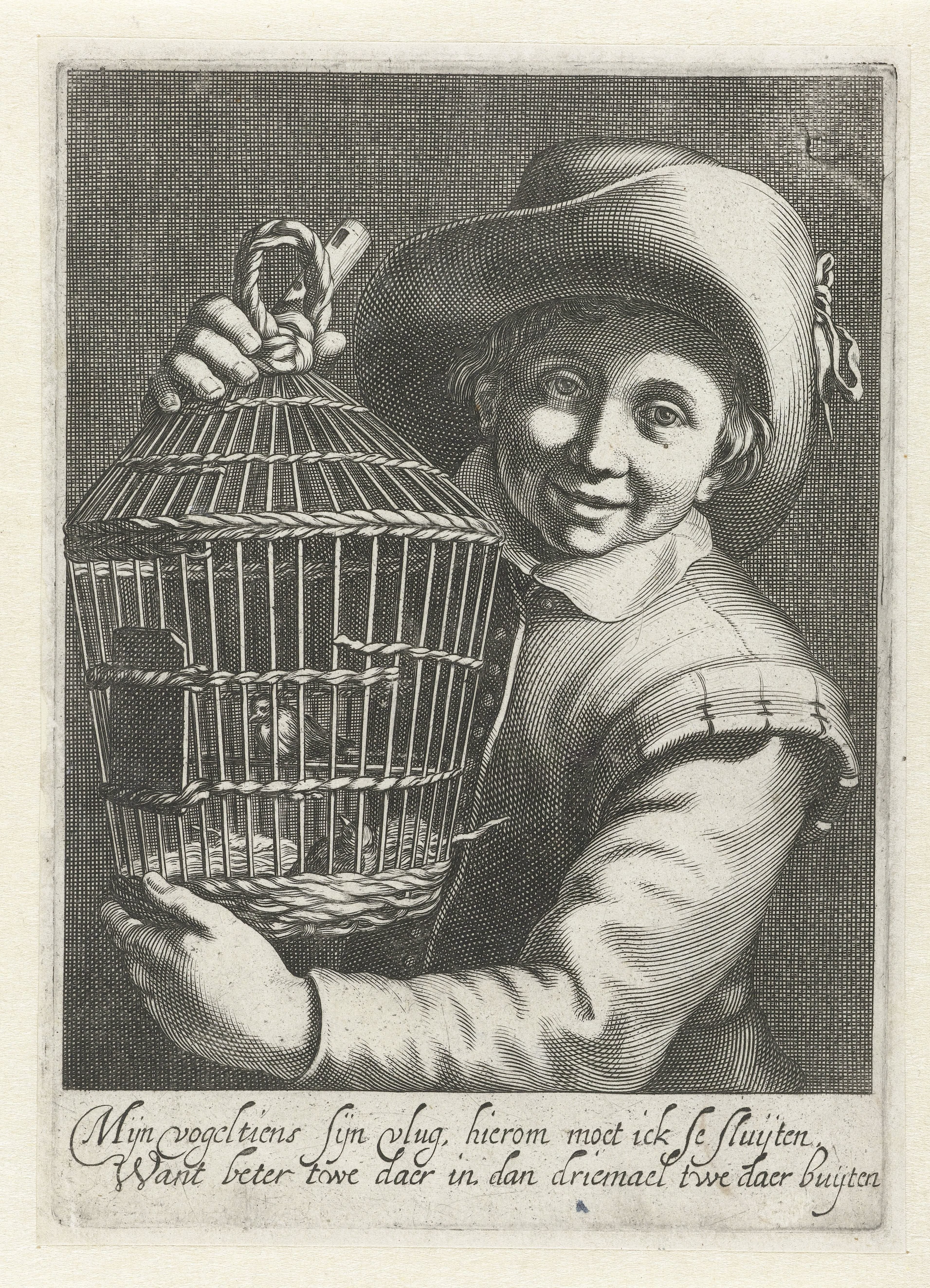 Jongen met vogelkooi by Cornelis Bloemaert (II)