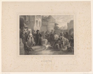 Jonkvrouw met gevolg wordt ontvangen op een kasteel