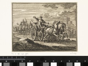 Joram op zijn wagen wordt door Jehu doorschoten