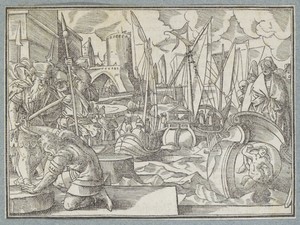 Josefus in een boot voor de stad Tiberias