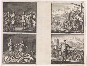 Josephus wordt in een regenput te Jotapata door krijgslieden bedreigd / Josephus blijft met een gezel over nadat de anderen elkaar hebben gedood / Romeinen leveren strijd op de Zee van Tiberias / Vespasianus beveelt de gevangen Joden te doden