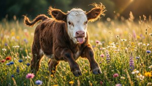Joyful Calf in Flowers