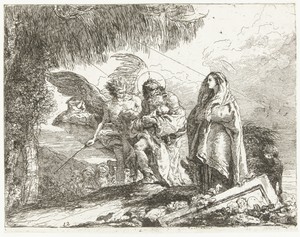 Jozef met Kind in armen en Maria lopen met engel tijdens vlucht naar Egypte