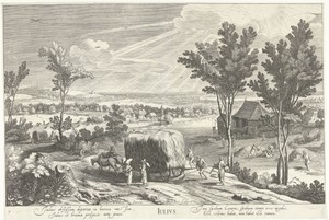 Juli, met boeren in een landschap