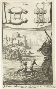 Julius Caesar houdt zwemmend een manuscript boven water