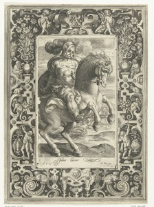 Julius Caesar te paard in omlijsting met ornamenten
