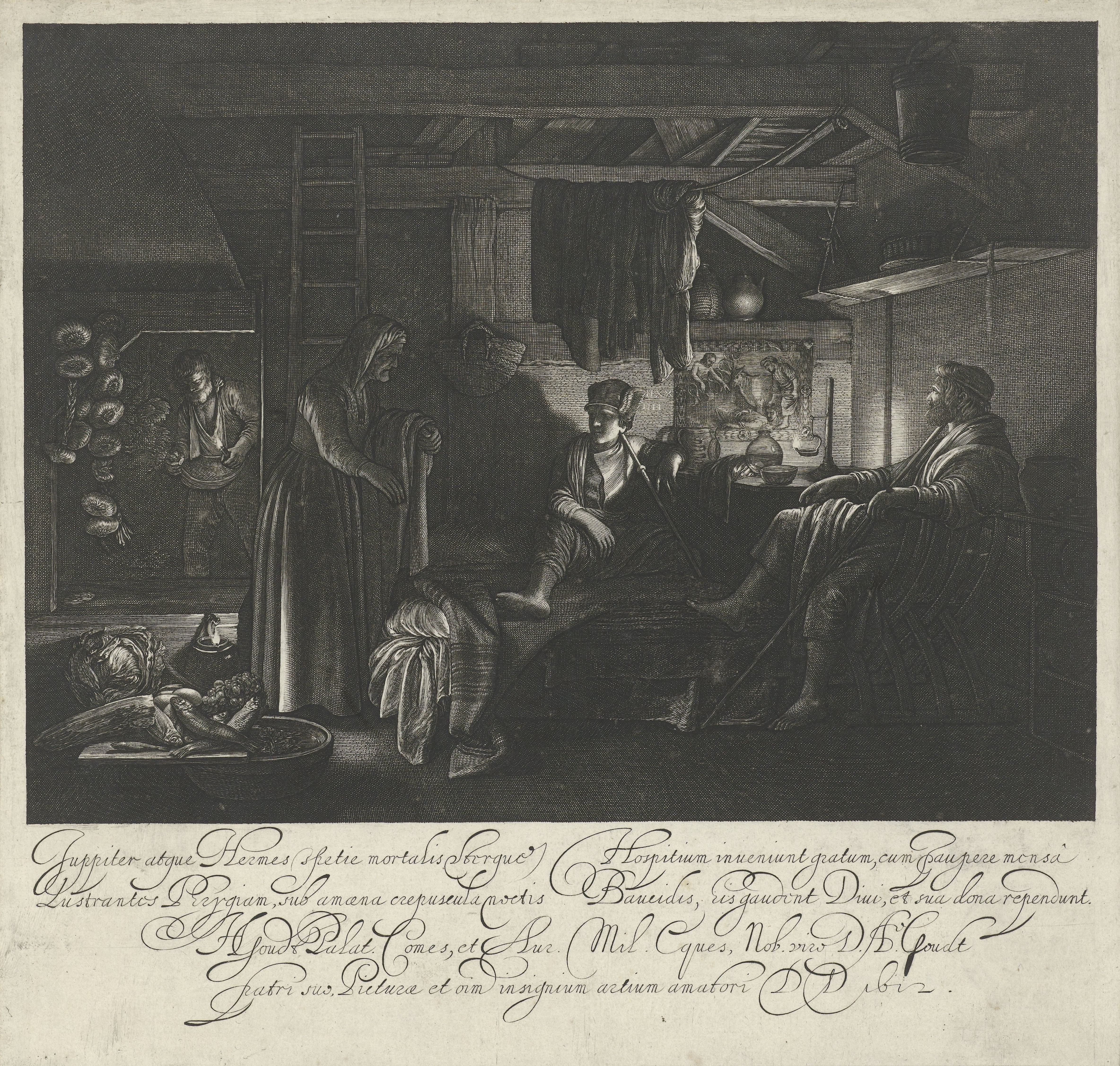 Jupiter en Mercurius in het huis van Philemon en Baucis by Hendrick Goudt