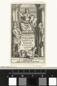 Justitia troont op sokkel tussen geestelijke en keizer, Romulus en Remus worden gezoogd door de wolf