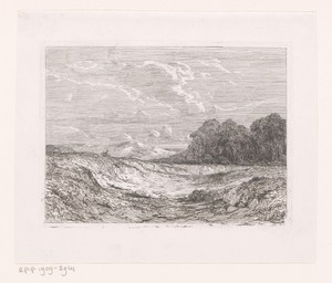Kaal landschap met op de achtergrond heuvels en bebossing