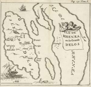Kaart van de Cycladische eilanden Delos en Rinia