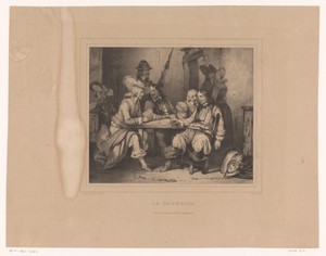 Kaartspelers en soldaten in een herberg