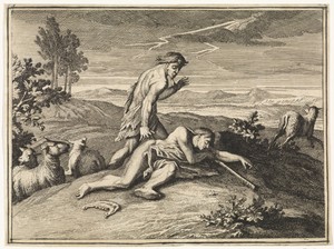 Kaïn vlucht na de moord op Abel