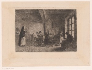 Kamer met oude mensen, onder toezicht van een non