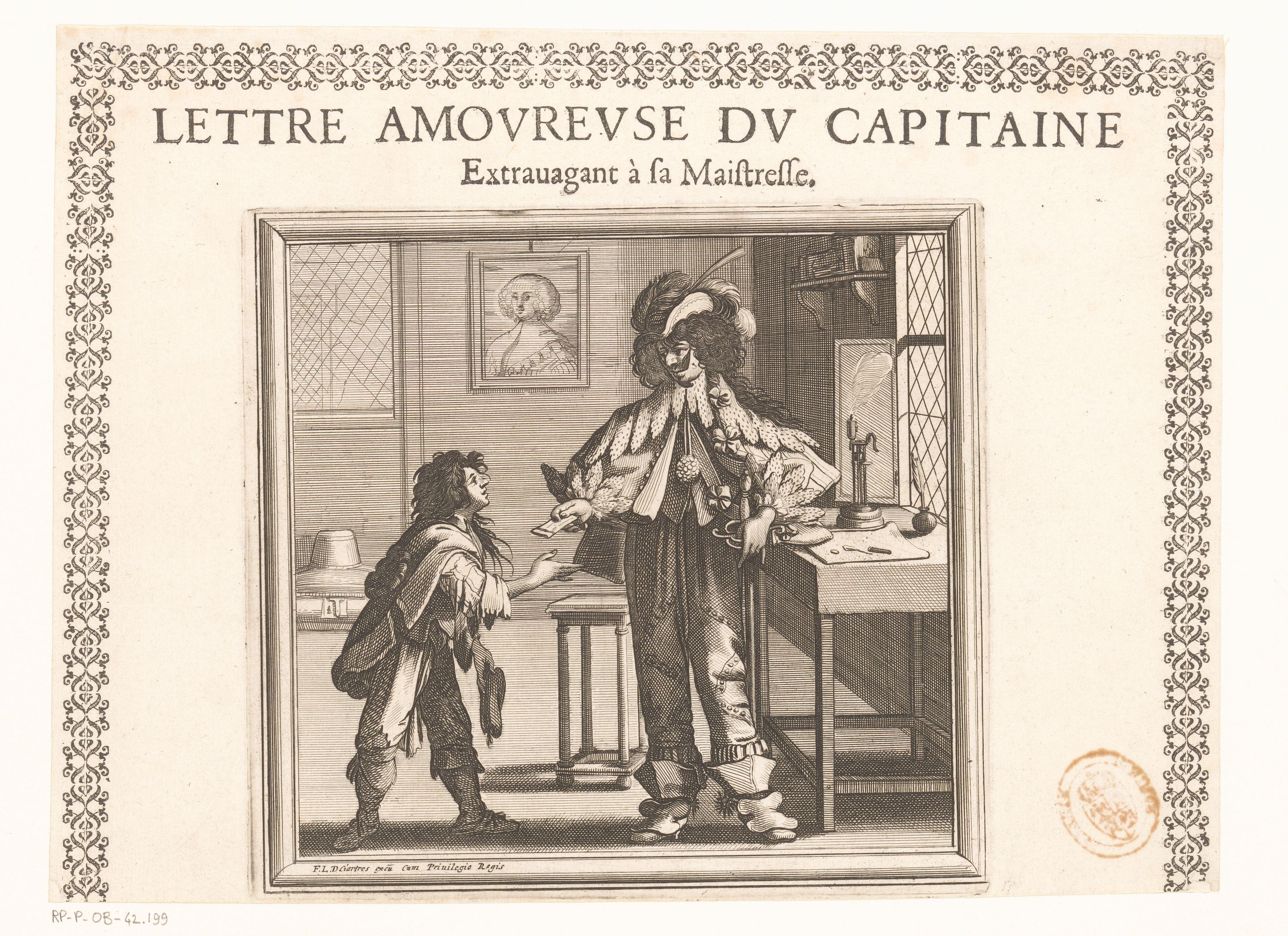 Kapitein overhandigt een liefdesbrief aan een bode by Abraham Bosse
