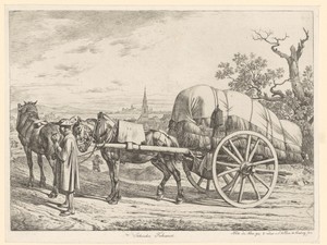 Kar met hooi getrokken door twee paarden en rustende koetsier die een pijp rookt