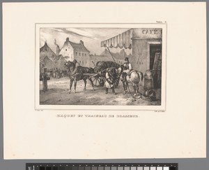 Kar voor het vervoer van vaten en brouwersslede bij een café