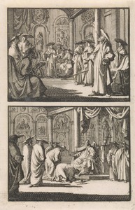Kardinaal Montalto richt zich na tot paus gekozen te zijn op en werpt zijn stokje weg / Kardinalen kussen de voet van paus Sixtus V
