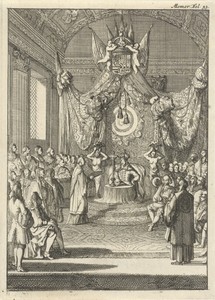 Karel II, koning van Spanje, luistert op zijn troon naar de voorwaarden van de vrede te Nijmegen
