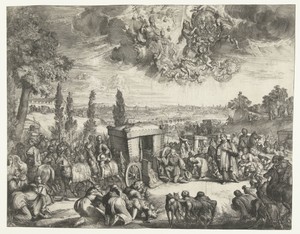 Karel II van Spanje knielend bij een koets