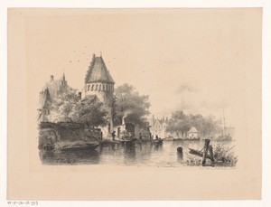 Kasteeltoren en huizen aan het water
